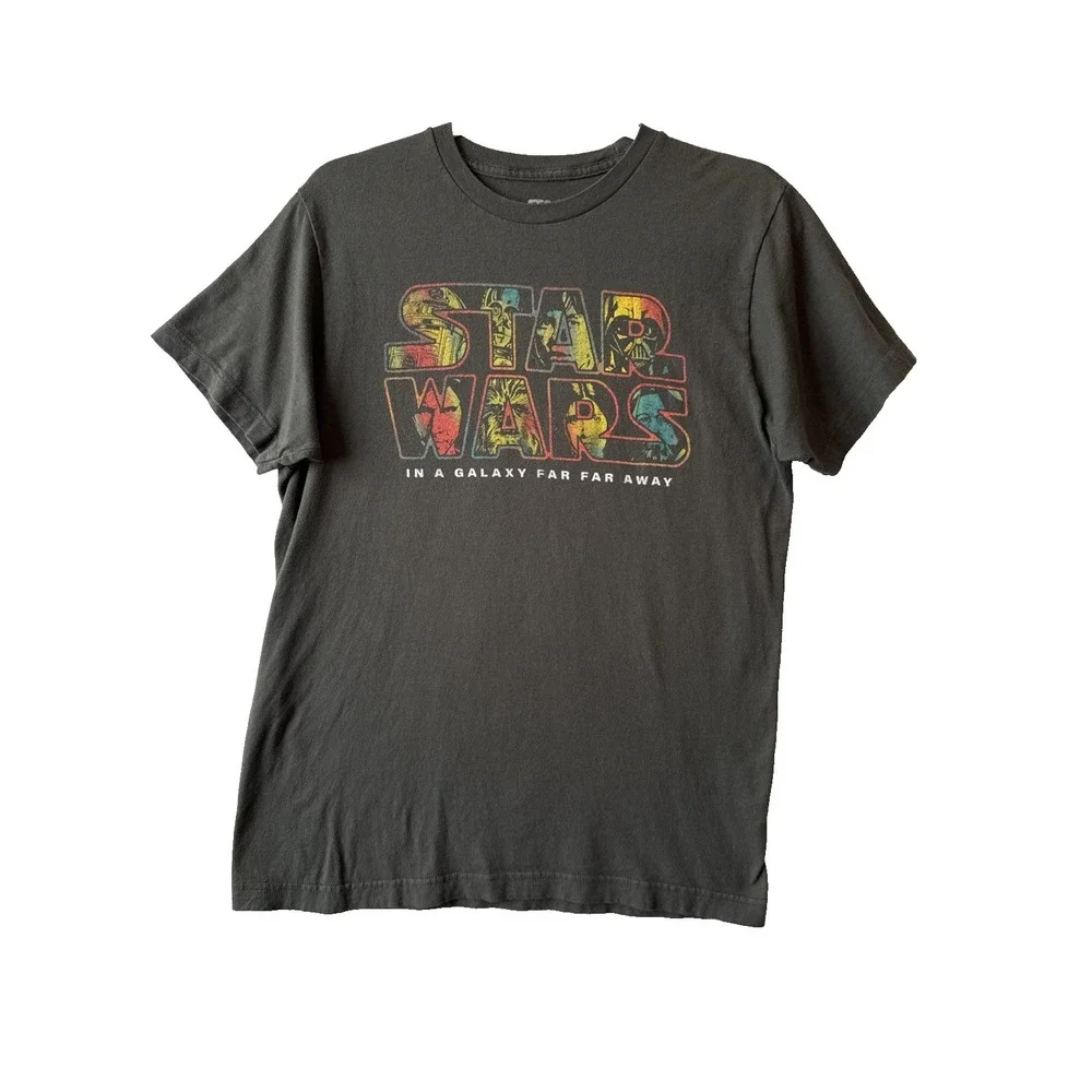 Star Wars In a Galaxy Far Far Away Graphic Rainbow Logo TShirt M Gray‎ Retro Y2K